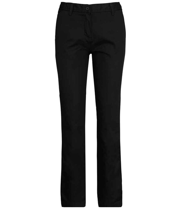 The WK Designed to Work Ladies Day to Day Trousers by WK Designed To Work are plain black straight-leg pants with a zip fly, button closure, belt loops, and side pockets, shown against a white background.