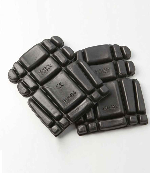 Two pairs of lightweight, black, rectangular Yoko Knee Pads by YOKO with segmented design and YOKO and EN14404 embossed. Made from pressure-absorbing foam, ideal for knee pad trousers. Shown on a white surface.