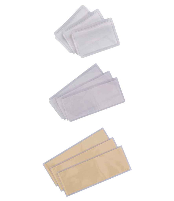 Three sets of rectangular Yoko Heat Apply ID Pockets by YOKO are arranged vertically. The top and middle sets are light gray, while the bottom set is tan/beige. Each set contains three pockets.