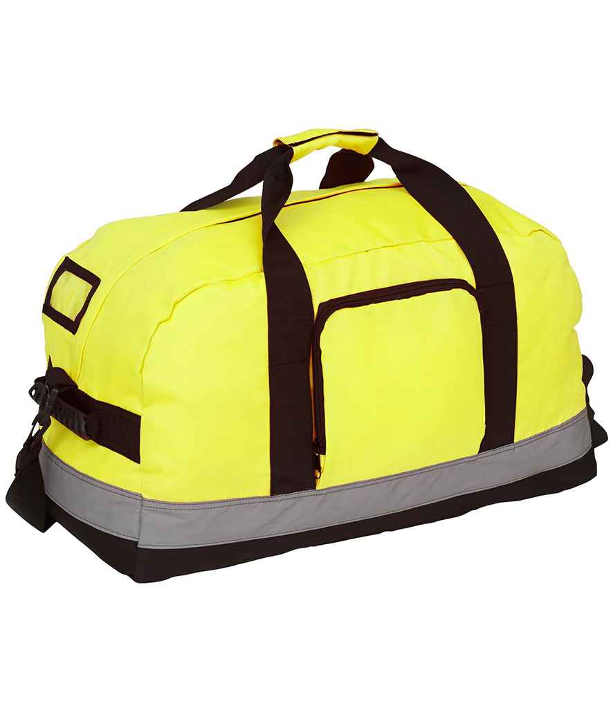 The Yoko Hi-Vis Seattle Holdall by YOKO is a large, bright yellow duffel bag with black handles and trim, a side zip pocket, reflective gray stripe, waterproof fabric, adjustable shoulder strap, shown on a plain white background.