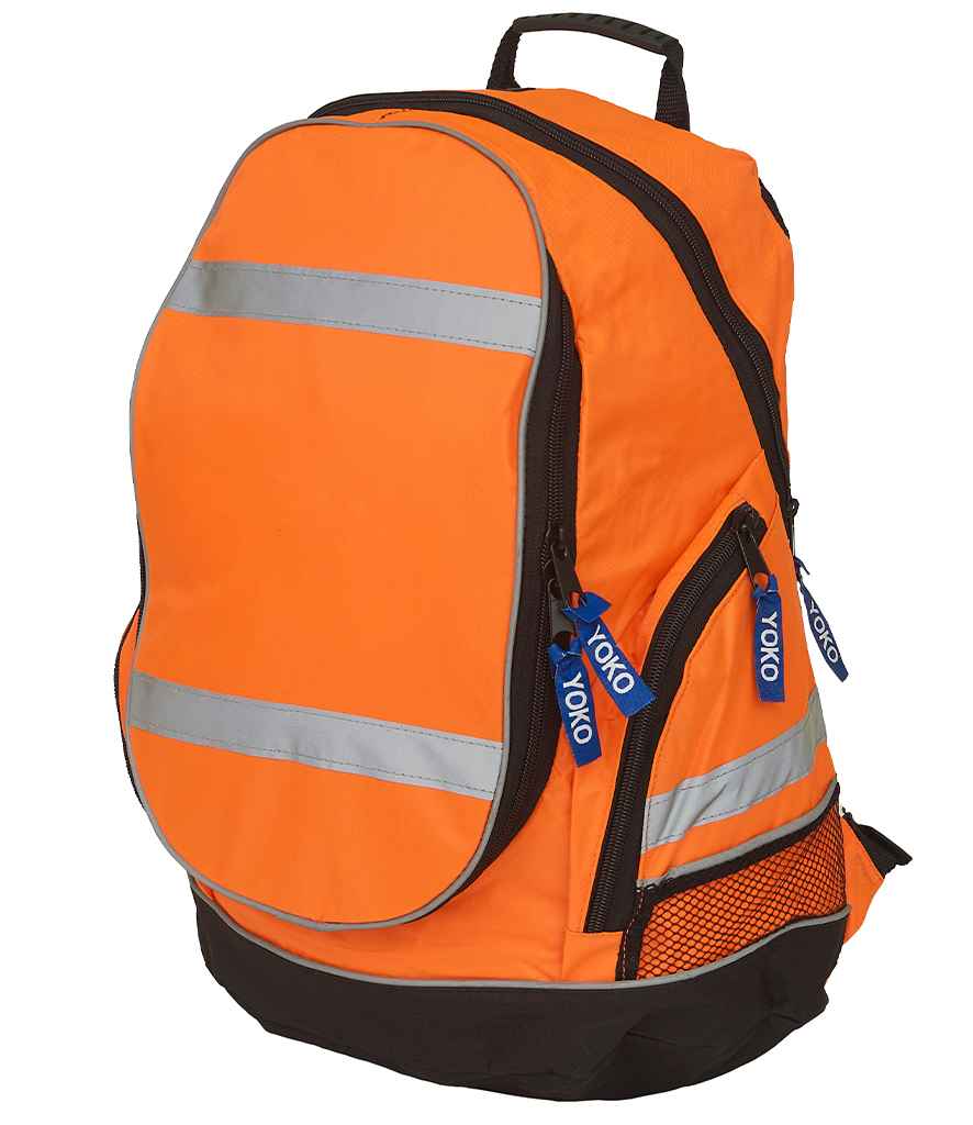 The Yoko Hi-Vis London Rucksack by YOKO is an orange, waterproof 23L backpack with reflective silver stripes, black zippers, blue pulls, multiple compartments, mesh side pocket, and adjustable straps.